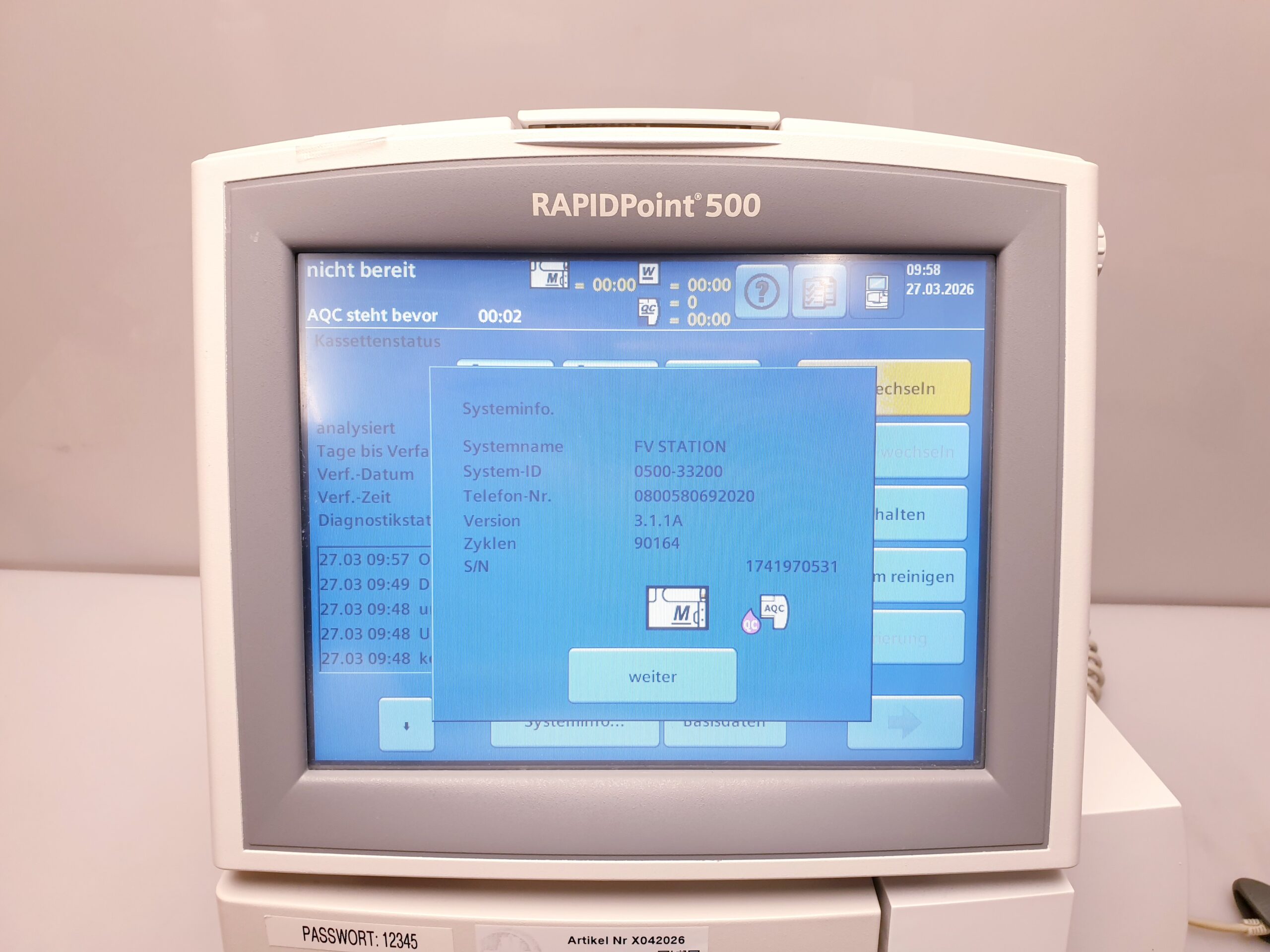 SIEMENS RAPIDPOINT 500 BLUTGASANALYSESYSTEM BlutgasElektrolyt-Analysator thumbnail 11