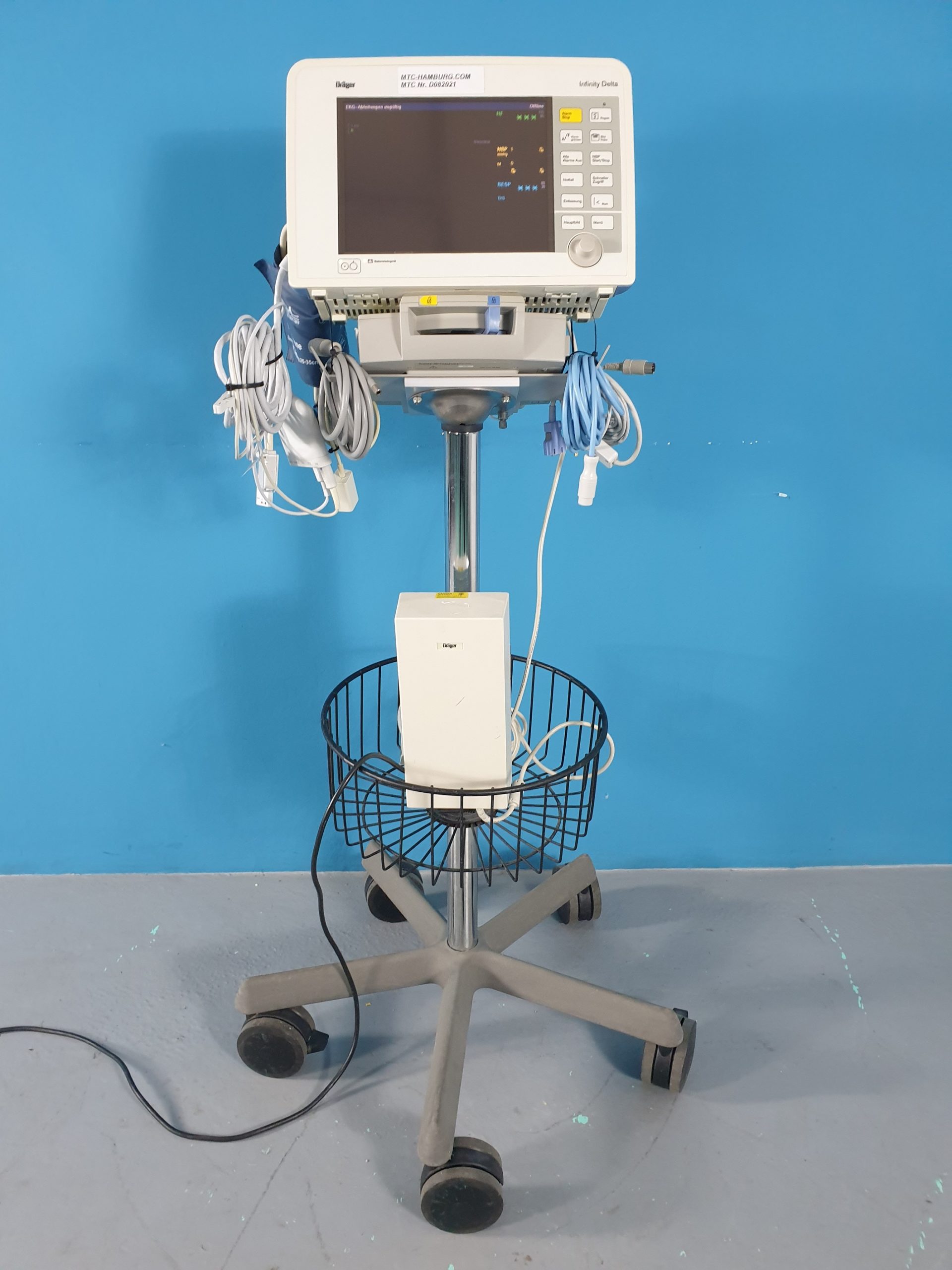 Dräger , Draeger Patientenmonitor Infinity Delta mit Dockingstation, Netzteil und Zubehör auf Farbarem Gestell thumbnail 2