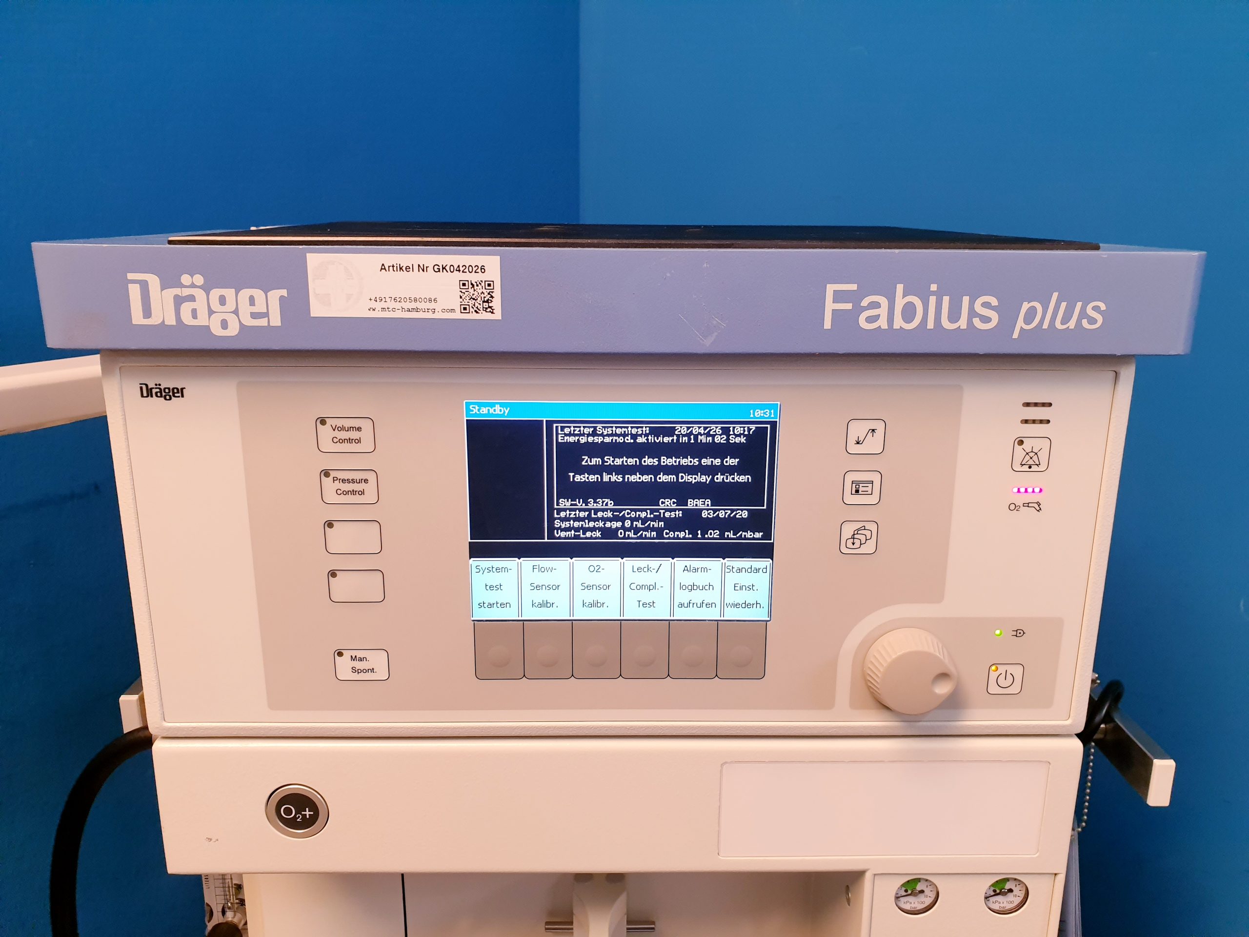 Draeger Dräger Fabius Plus Narkose Beatmungsgerät SW-V 3.37 thumbnail 8