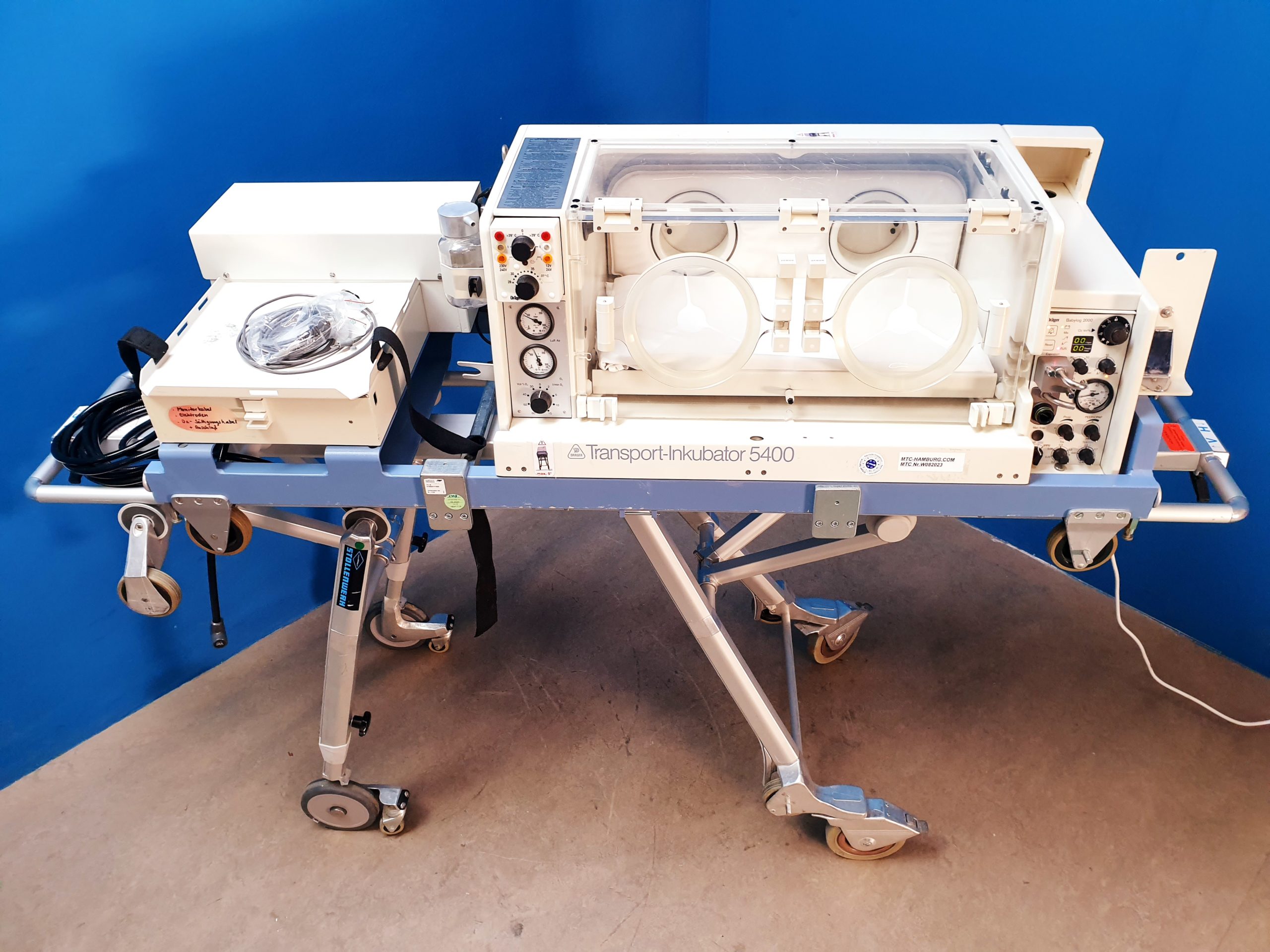 Dräger Draeger Transport Incubator // Transportinkubator 5400 + Babylog 2000 Beatmungsgerät auf fahrbarem Gestell thumbnail 2