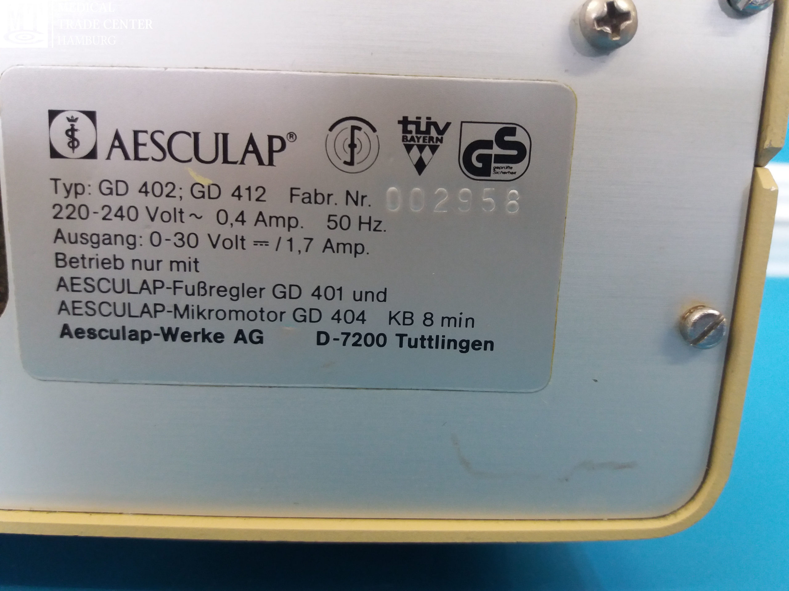 Aesculap Microtron GD 402 GD 412 mit Fußschalter GD-401 — image 1 of 1