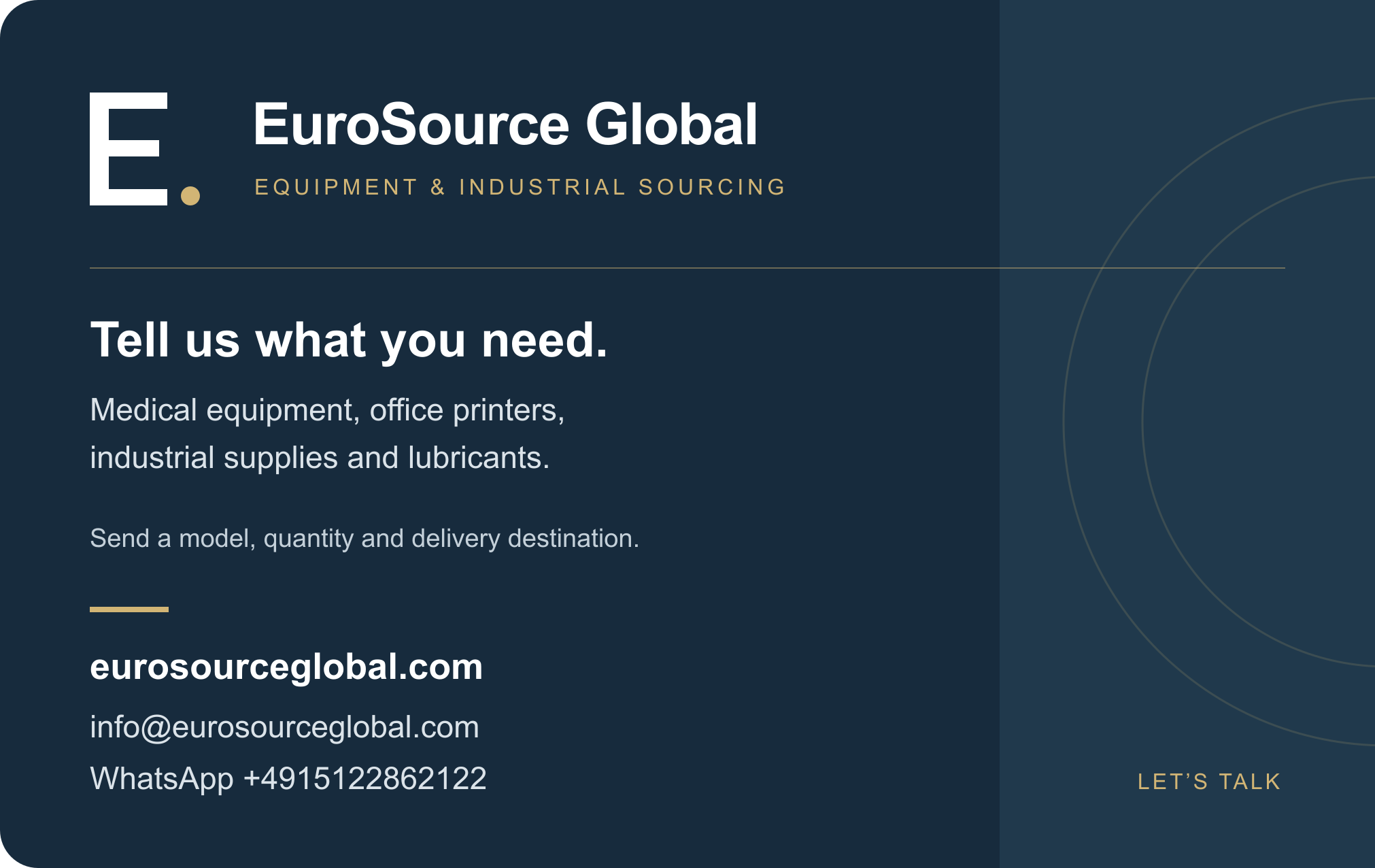 EuroSource Global business card: medical equipment, office printers, industrial supplies and lubricants. Website, email and WhatsApp contact details.